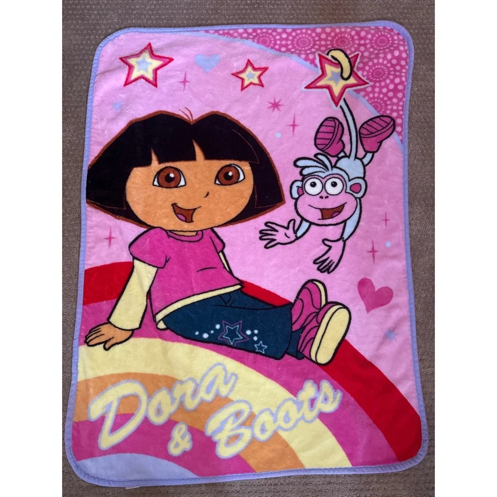 VTG Nickelodeon Dora the Explorer Boots Pink Fleece Throw Blanket Rainbow 42x30
